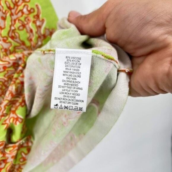 Quacker Factory Rhinestones Button Front Short Sleeve Cardigan Green Orange 1X - Picture 10 of 11